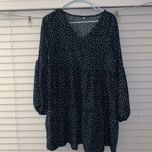 Blue ruffle dress with white polka dots